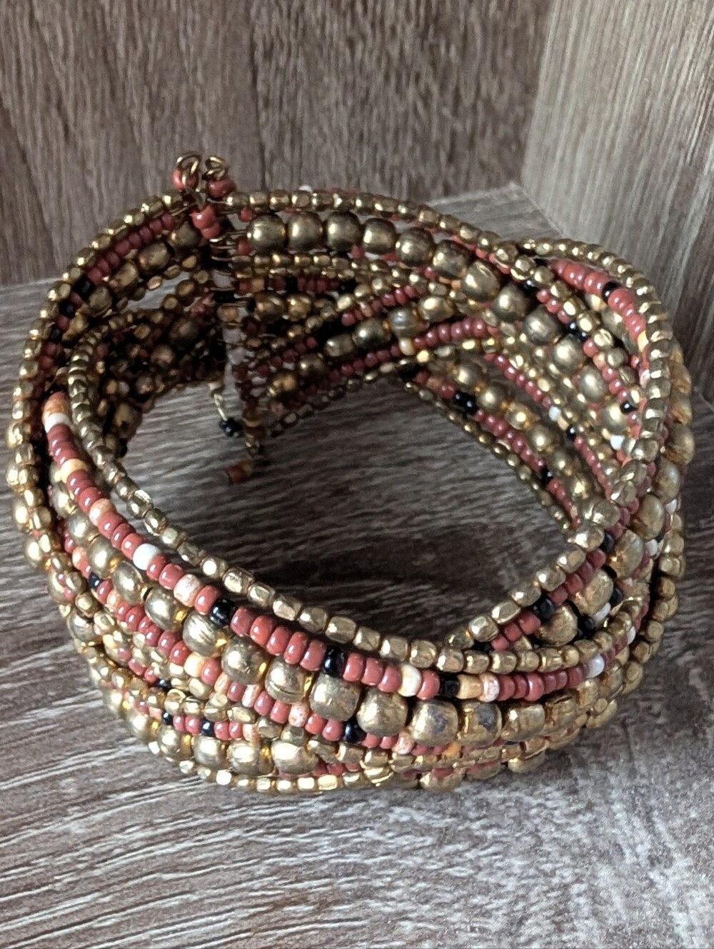 Gold and Coral Beaded Cross Cross Wrap Bracelet